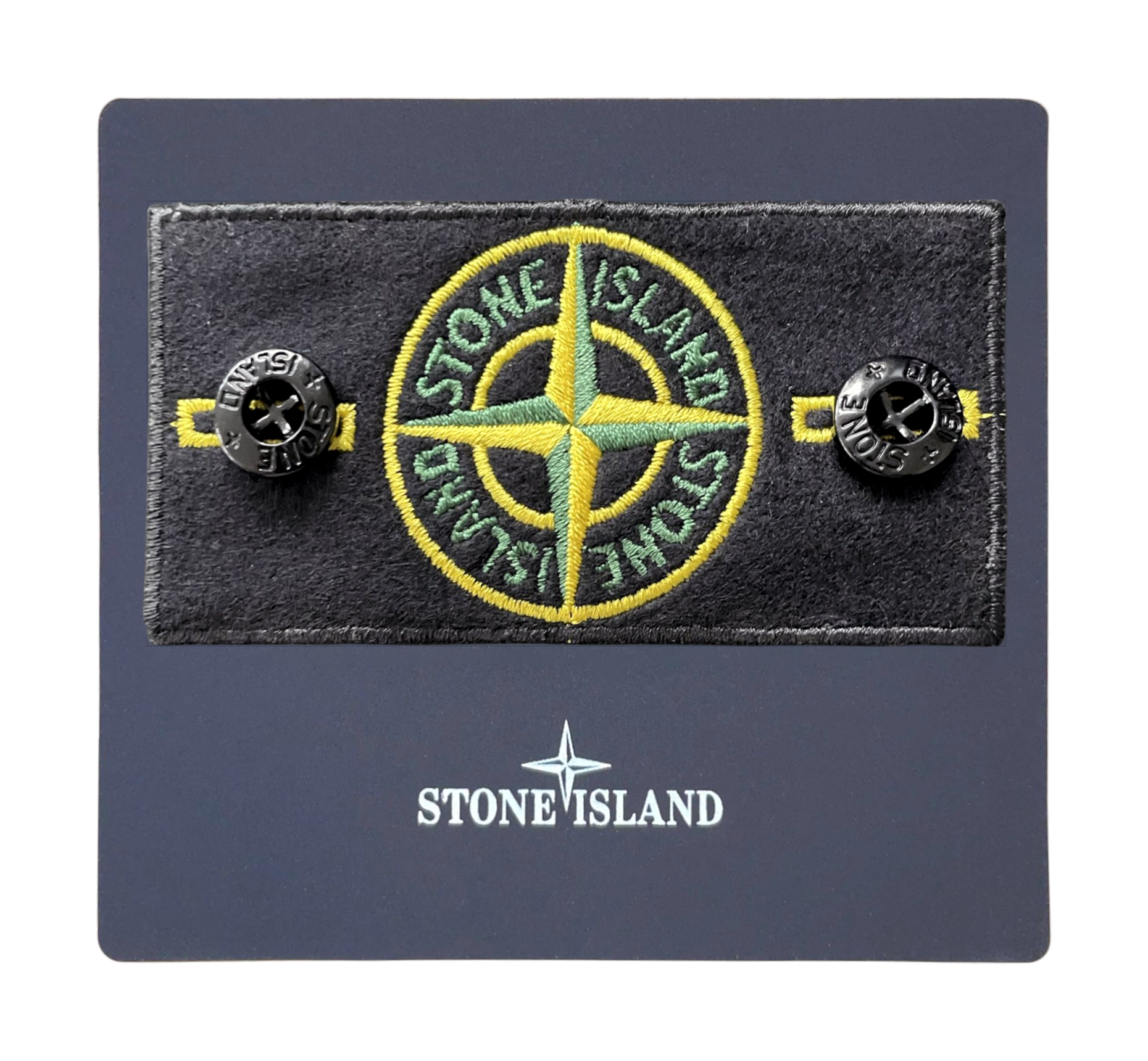 Front view of iconic yellow compass on black wool